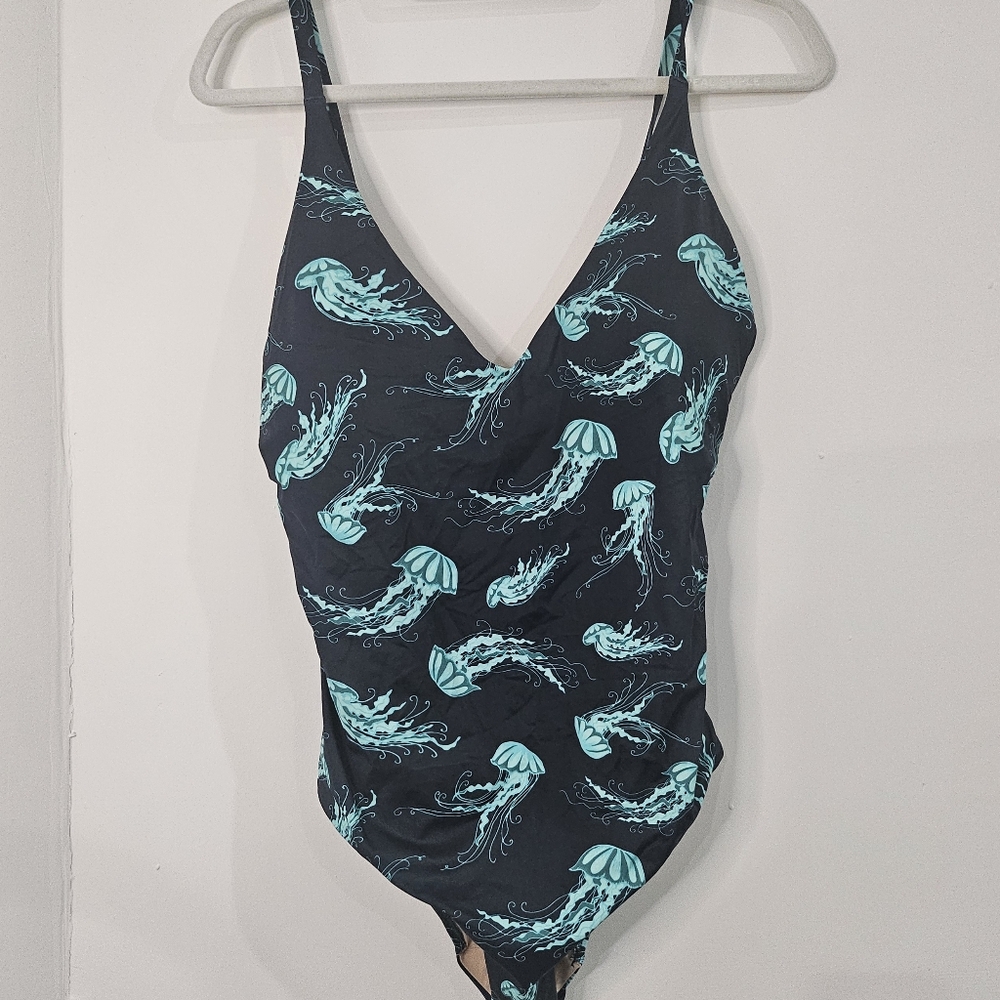 Meundies Jellyfish Print Onepiece Black Swimsuit Shelf Bra Size XL